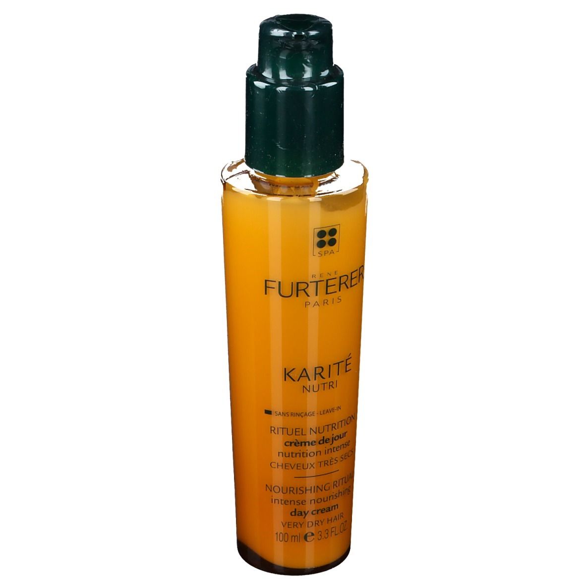 Flacon jaune avec pompe. Inscription : RENE FURTERER PARIS, KARITÉ NUTRI, crème de jour.