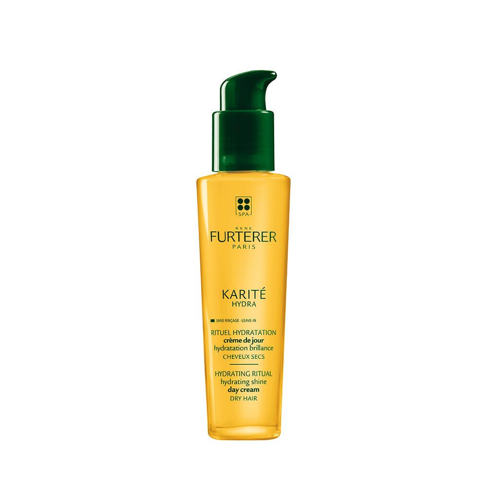 Gelbe Flasche mit grünem Pumpkopf. Aufschrift: RENE FURTERER PARIS, KARITE HYDRA, Creme für trockenes Haar.