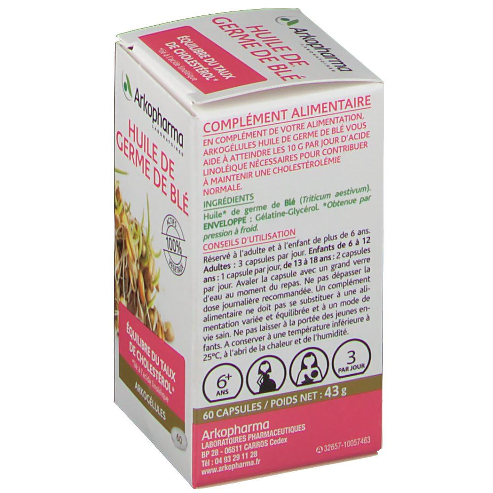 Dos de la boîte Arkocaps Huile de Germe de Blé. Ingrédients, conseils d'utilisation et adresse du fabricant sont indiqués.
