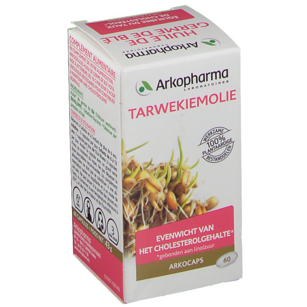 Boîte Arkocaps Tarwekiemolie. Inscription : "Evenwicht van het cholesterolgehalte". Contient 60 gélules, 100% végétal.
