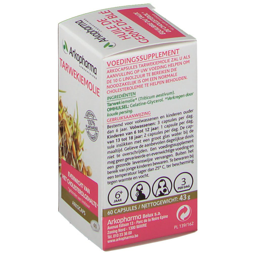 Dos de la boîte Arkocaps Tarwekiemolie. Ingrédients, conseils d'utilisation et adresse du fabricant sont indiqués.