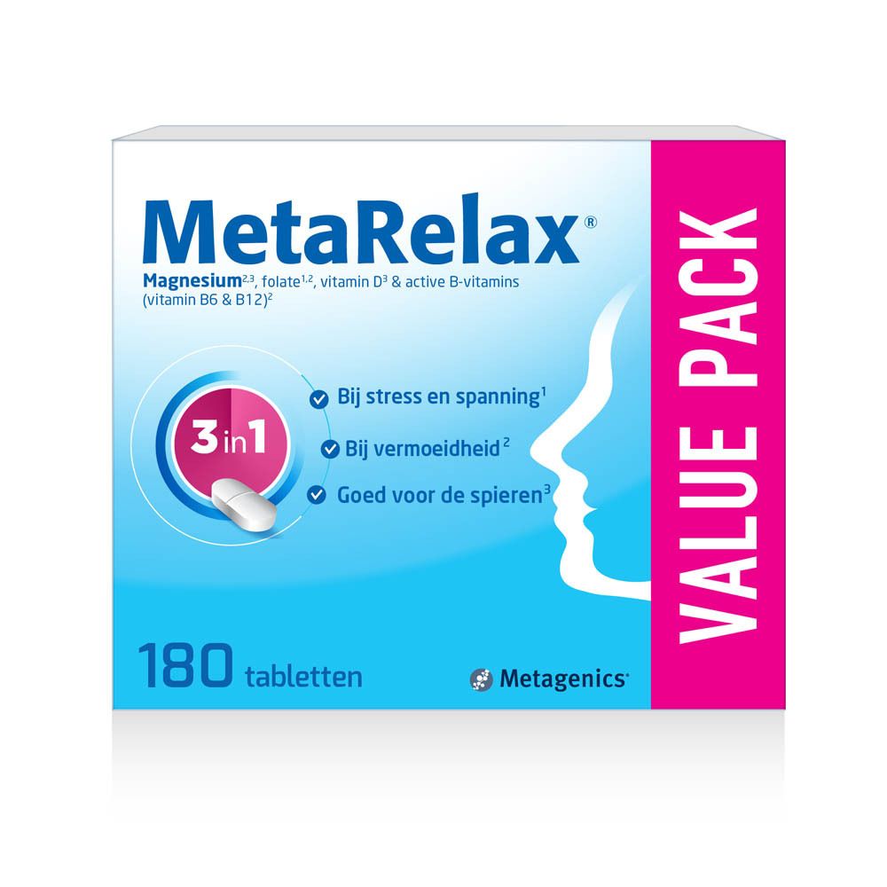 MetaRelax-verpakking. Bevat 180 tabletten. Met magnesium, folaat, vitamine D & B-vitaminen. 3-in-1 formule.