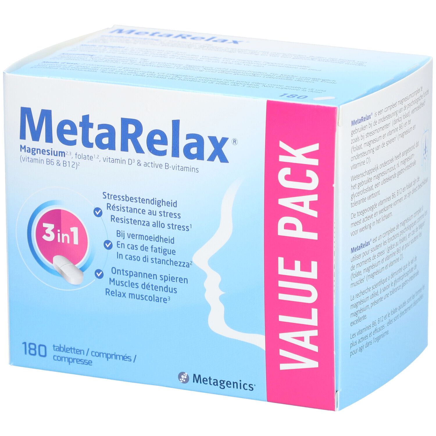 MetaRelax-verpakking. Bevat 180 tabletten. Met magnesium, folaat, vitamine D & B-vitaminen. 3-in-1 formule.