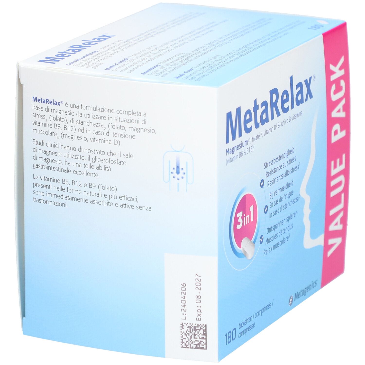 MetaRelax-verpakking. Bevat 180 tabletten. Met magnesium, folaat, vitamine D & B-vitaminen. 3-in-1 formule.