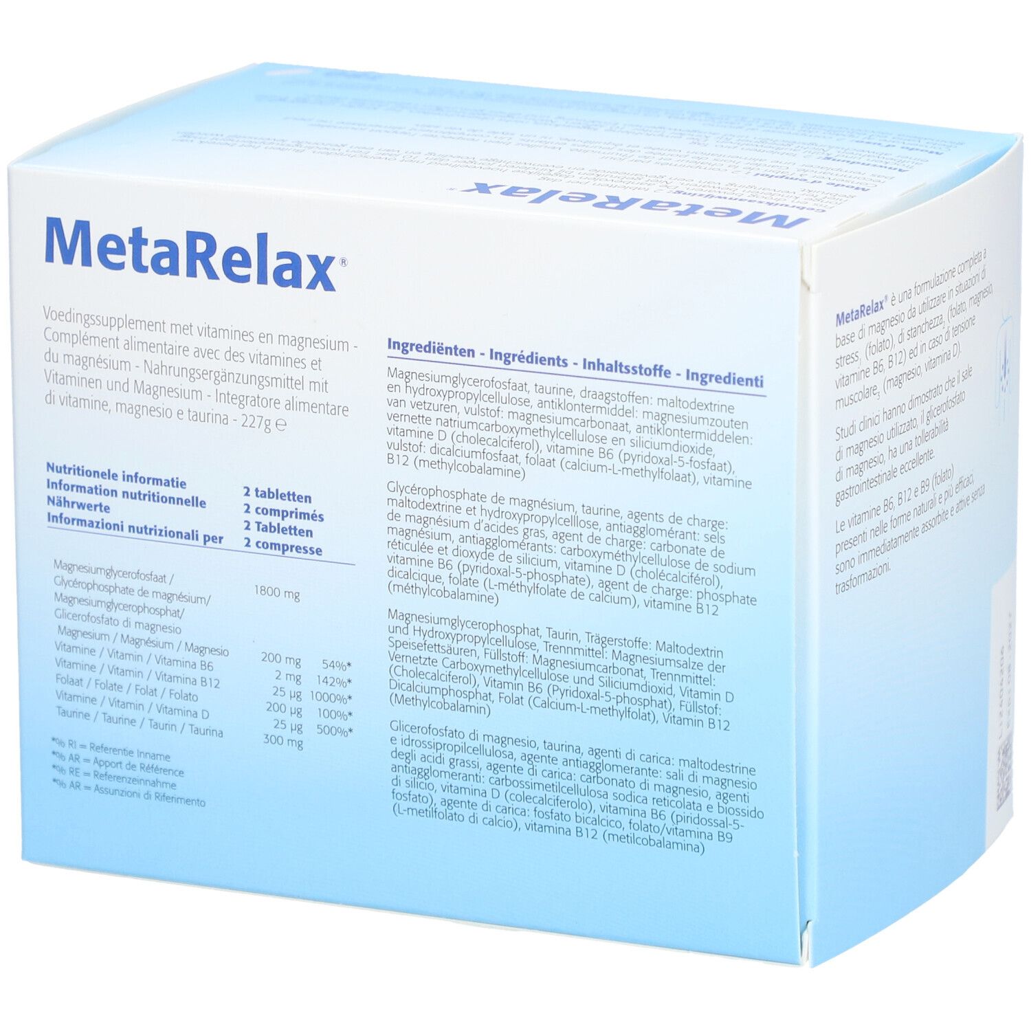 Achterkant van de MetaRelax-verpakking. Bevat informatie over ingrediënten en voedingswaarden.