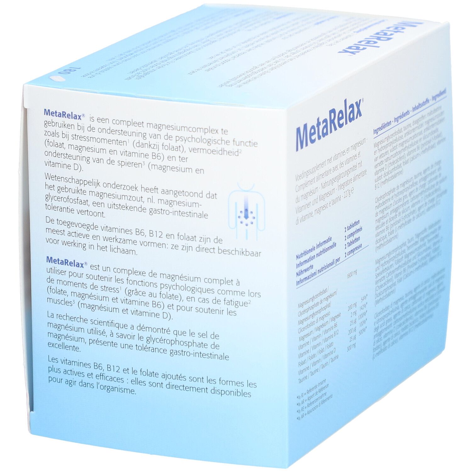 Achterkant van de MetaRelax-verpakking. Bevat informatie over ingrediënten en voedingswaarden.
