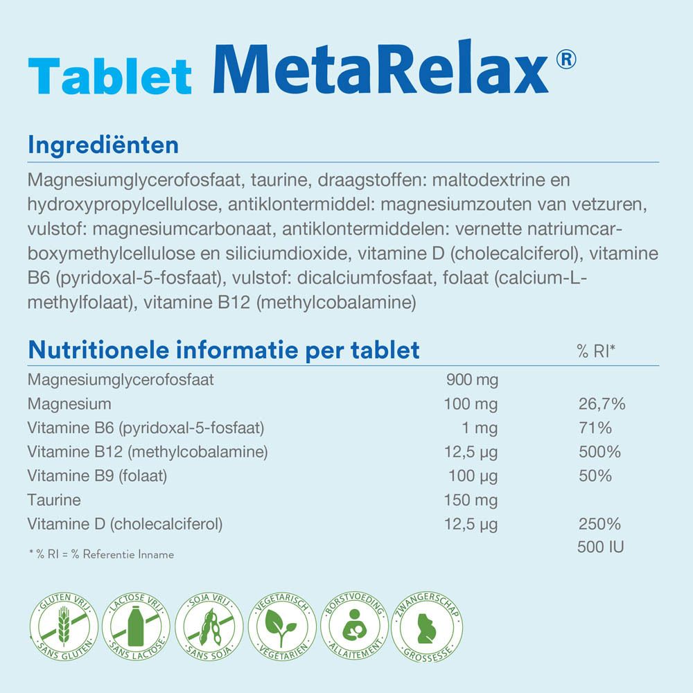MetaRelax-tabletten. Ingrediënten: magnesiumglycerofosfaat, taurine, vitaminen, etc. Voedingswaarde per tablet.