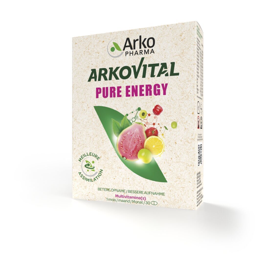Doos Arkovital Pure Energy multivitamine. Logo, productnaam en fruitillustraties. 30 tabletten.