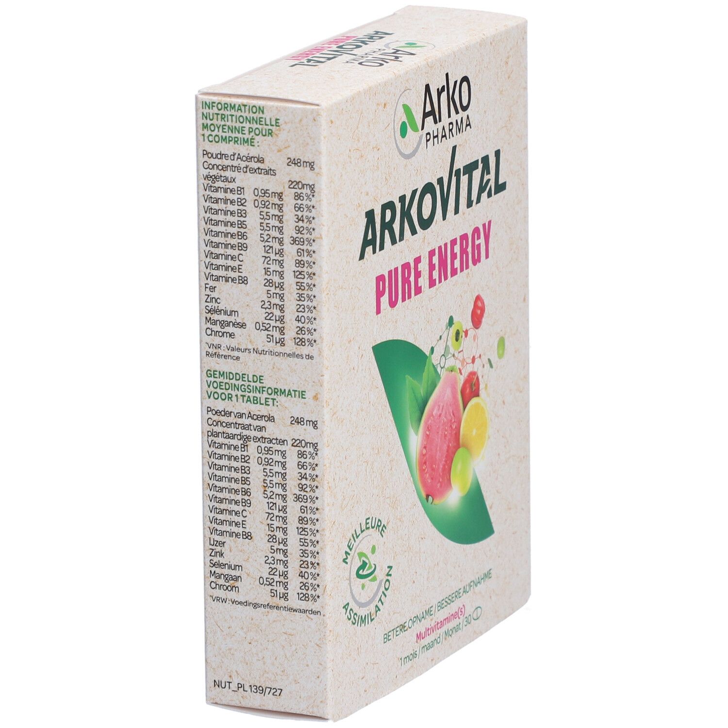 Boîte de multivitamines Arkovital Pure Energy, vue latérale. Informations nutritionnelles et illustrations de fruits. 30 comprimés.