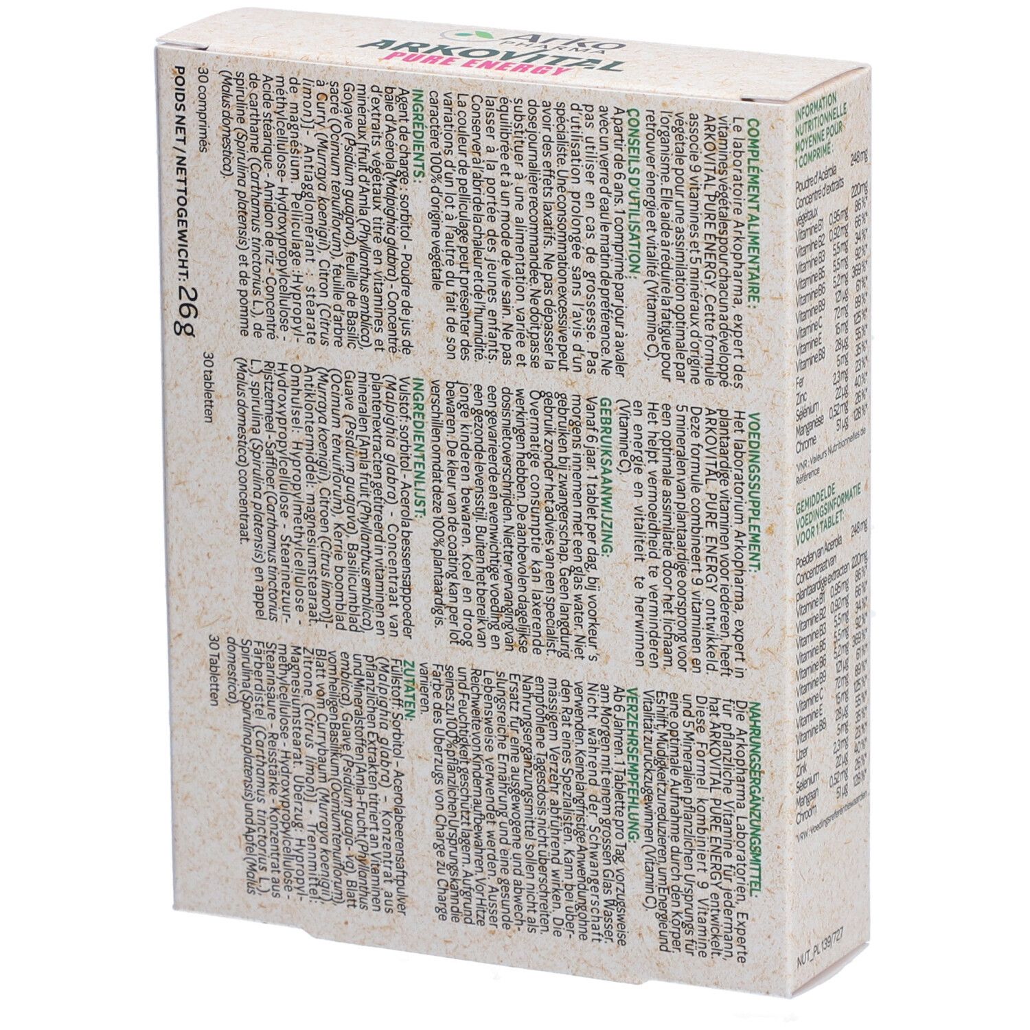Dos de la boîte de multivitamines Arkovital Pure Energy. Informations textuelles en plusieurs langues. 30 comprimés.