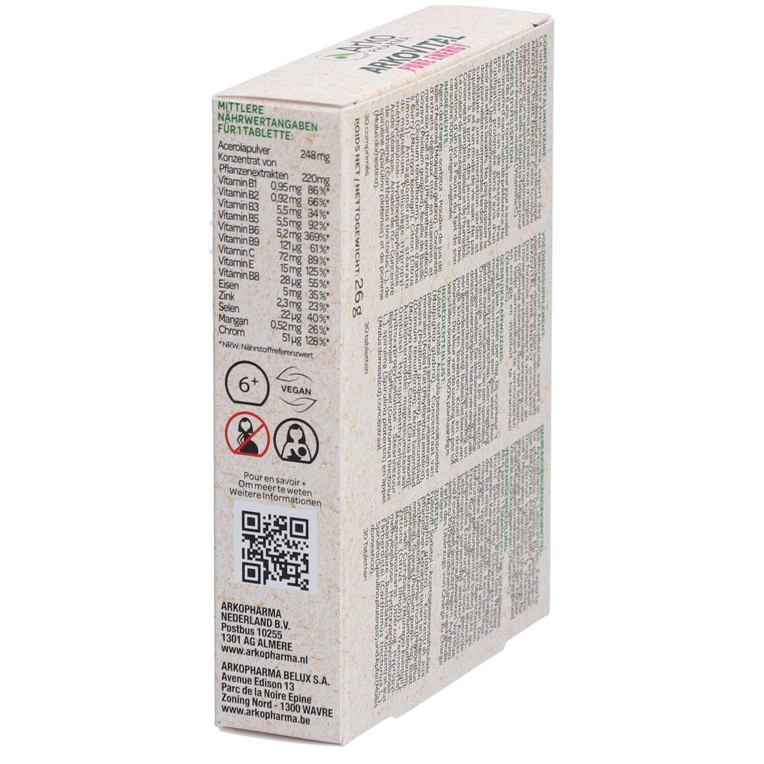 Vue latérale de la boîte de multivitamines Arkovital Pure Energy. Informations nutritionnelles, code QR et logos. 30 comprimés.