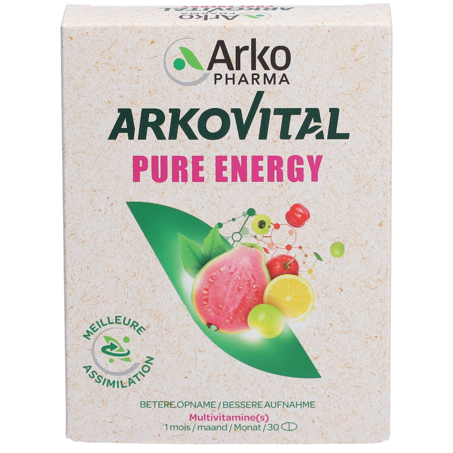 Boîte de multivitamines Arkovital Pure Energy. Logo, nom du produit et illustrations de fruits. 30 comprimés.