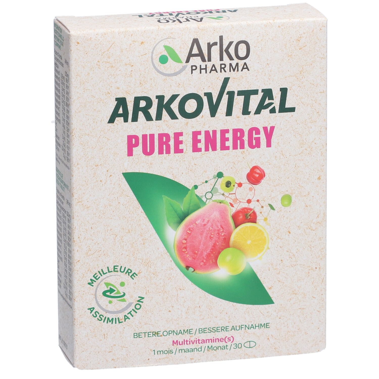Boîte de multivitamines Arkovital Pure Energy. Logo, nom du produit et illustrations de fruits. 30 comprimés.