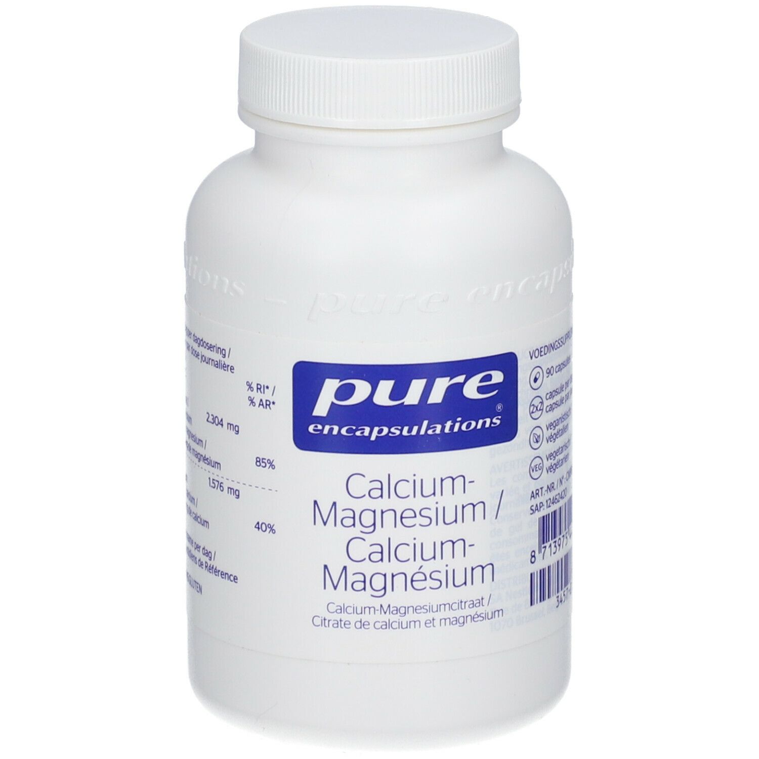 Weiße Flasche mit blauem Etikett. Auf dem Etikett steht "Pure Encapsulations Calcium-Magnesium".