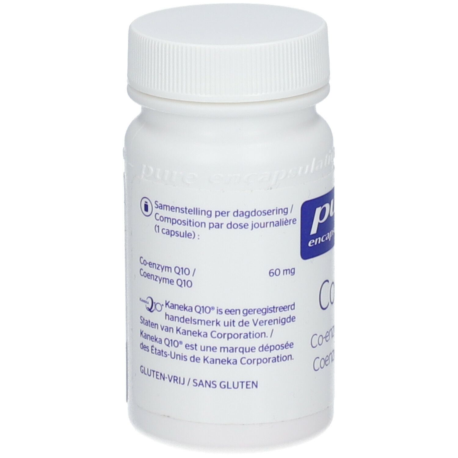 Rückseite der weißen Flasche. Aufschrift: pure encapsulations, Coenzym Q10 60 mg. Glutenfrei.