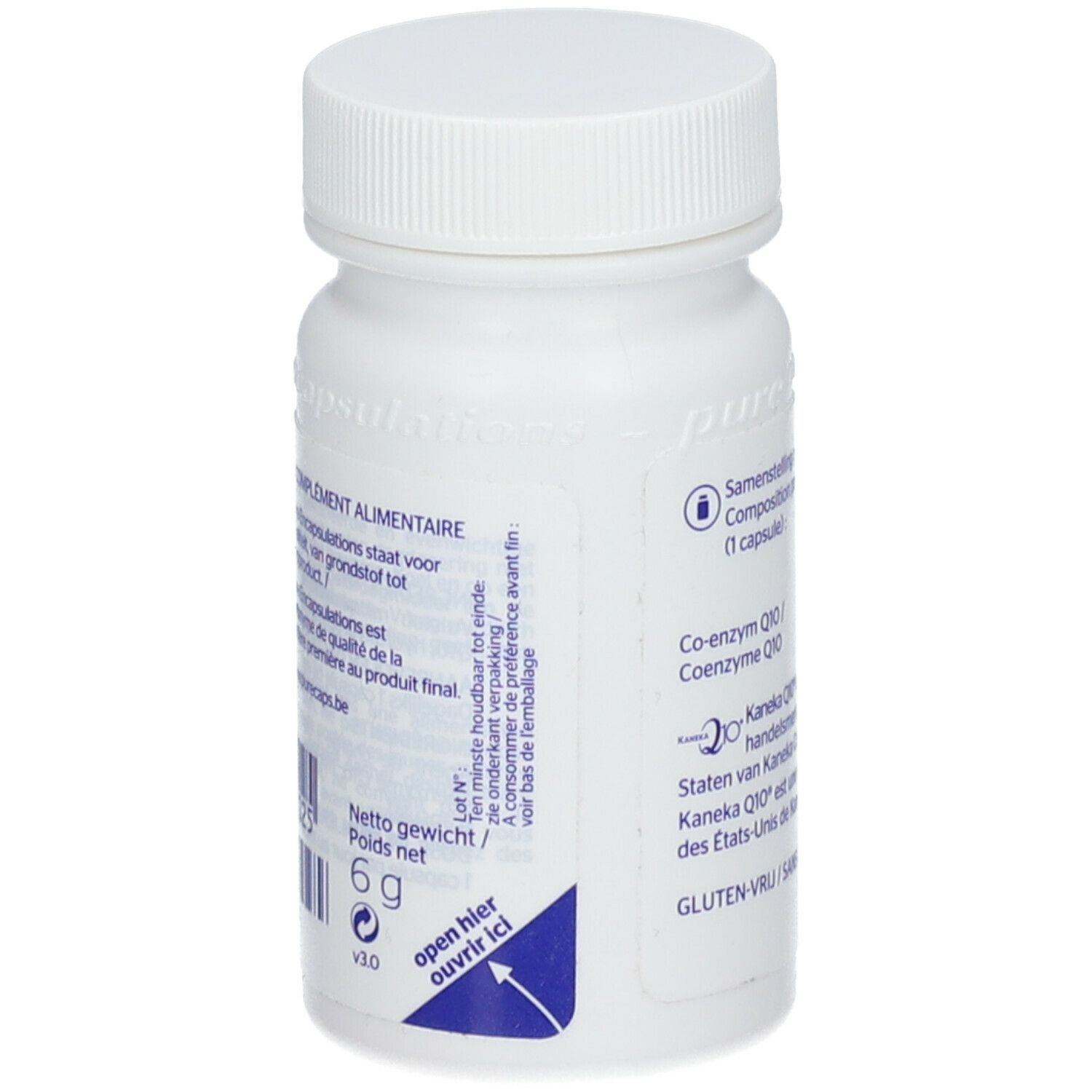 Rückseite der weißen Flasche. Aufschrift: pure encapsulations, Coenzym Q10. Nettogewicht 6 g. Glutenfrei.