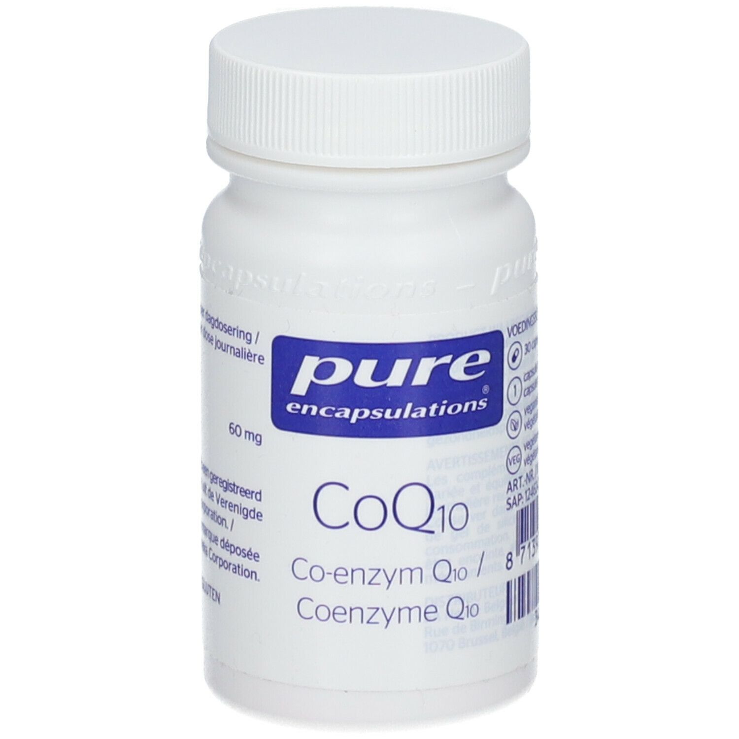 Weiße Flasche mit blauem Etikett. Aufschrift: pure encapsulations, CoQ10 60 mg. Kapseln.
