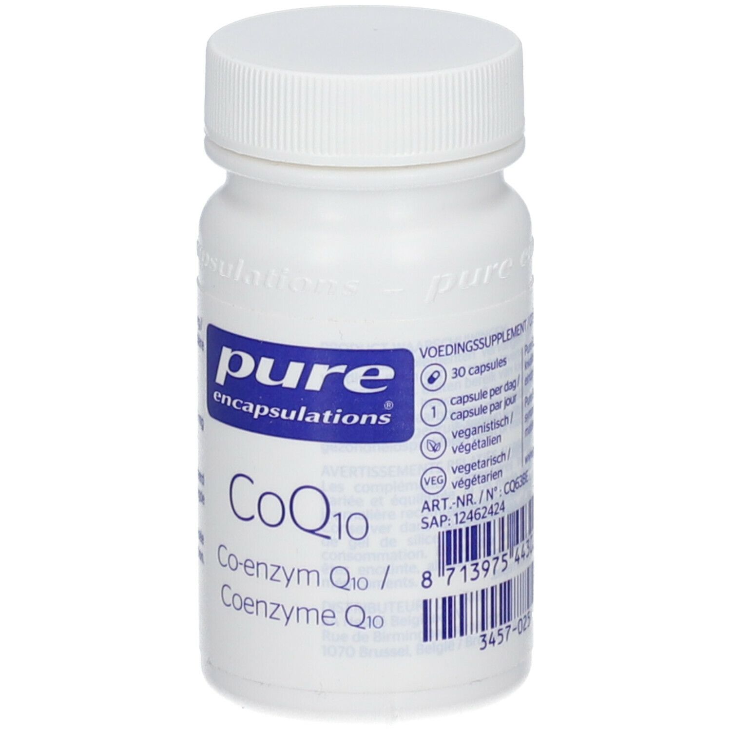 Weiße Flasche mit blauem Etikett. Aufschrift: pure encapsulations, CoQ10. 30 Kapseln.