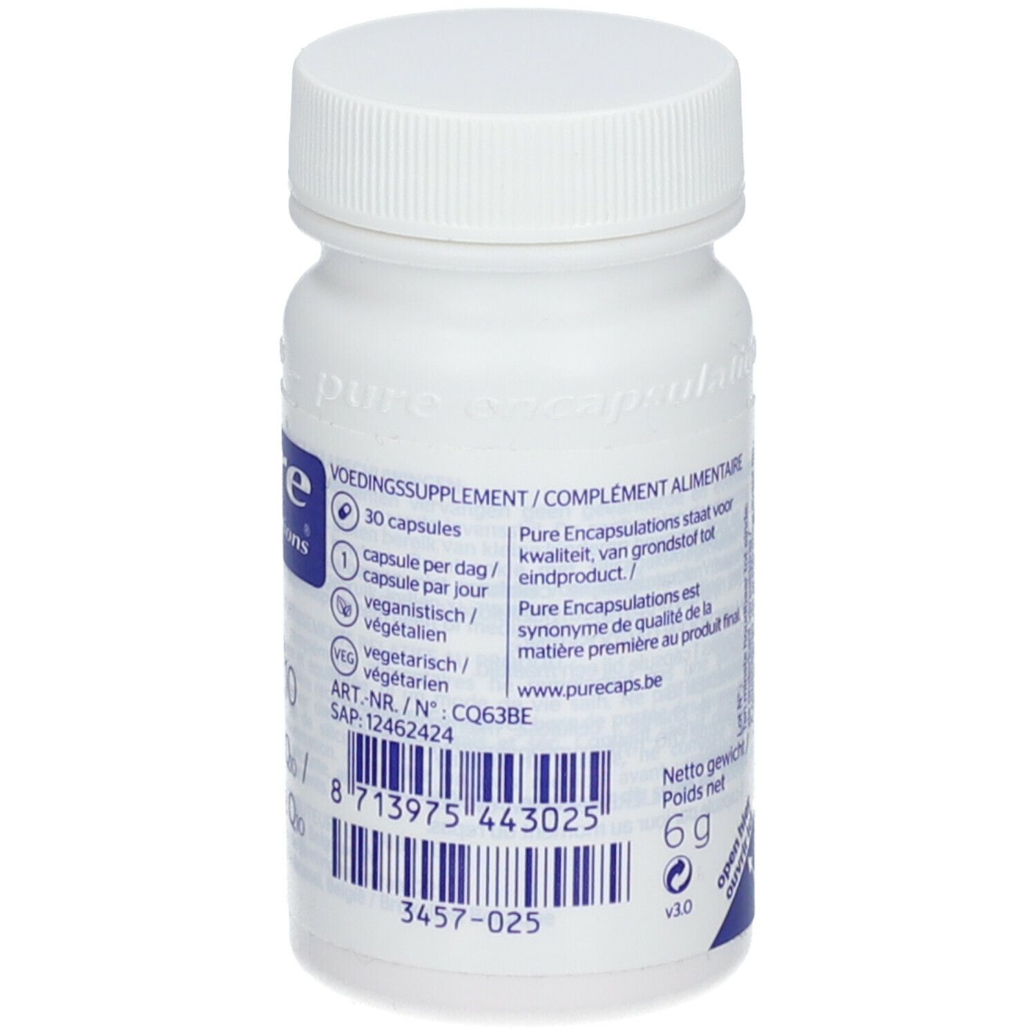 Rückseite der weißen Flasche. Aufschrift: pure encapsulations, CoQ10. 30 Kapseln. Nettogewicht 6 g.