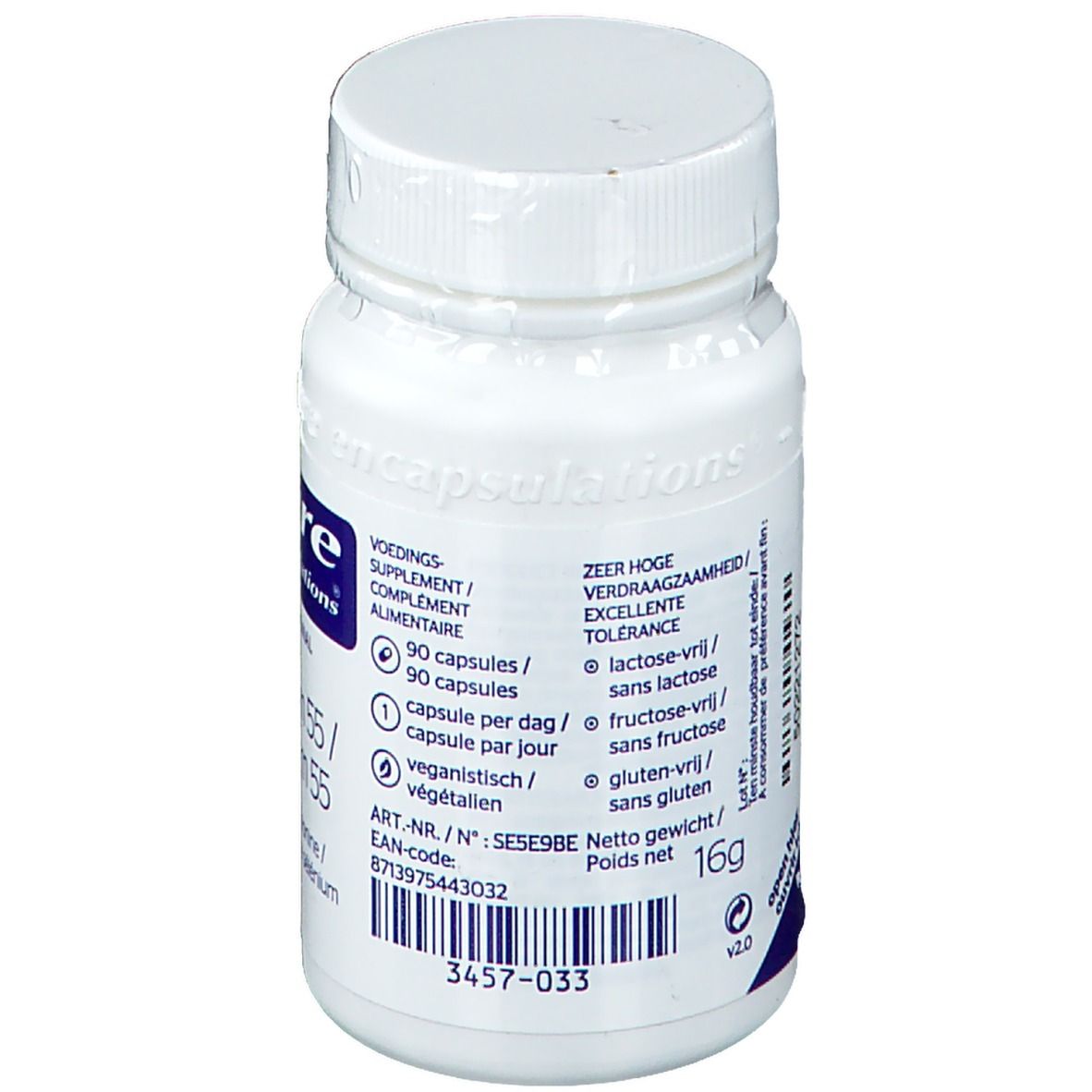 Dos du flacon blanc. Informations sur les ingrédients et la tolérance. 90 gélules, 16g.