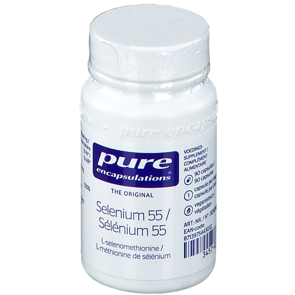 Flacon blanc de gélules. Inscription : pure encapsulations, Selenium 55. 90 gélules.