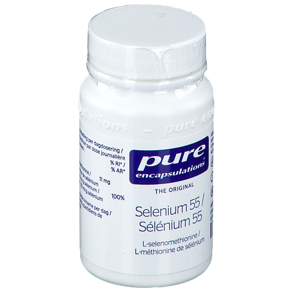 Flacon blanc de gélules. Inscription : pure encapsulations, Selenium 55. 90 gélules.