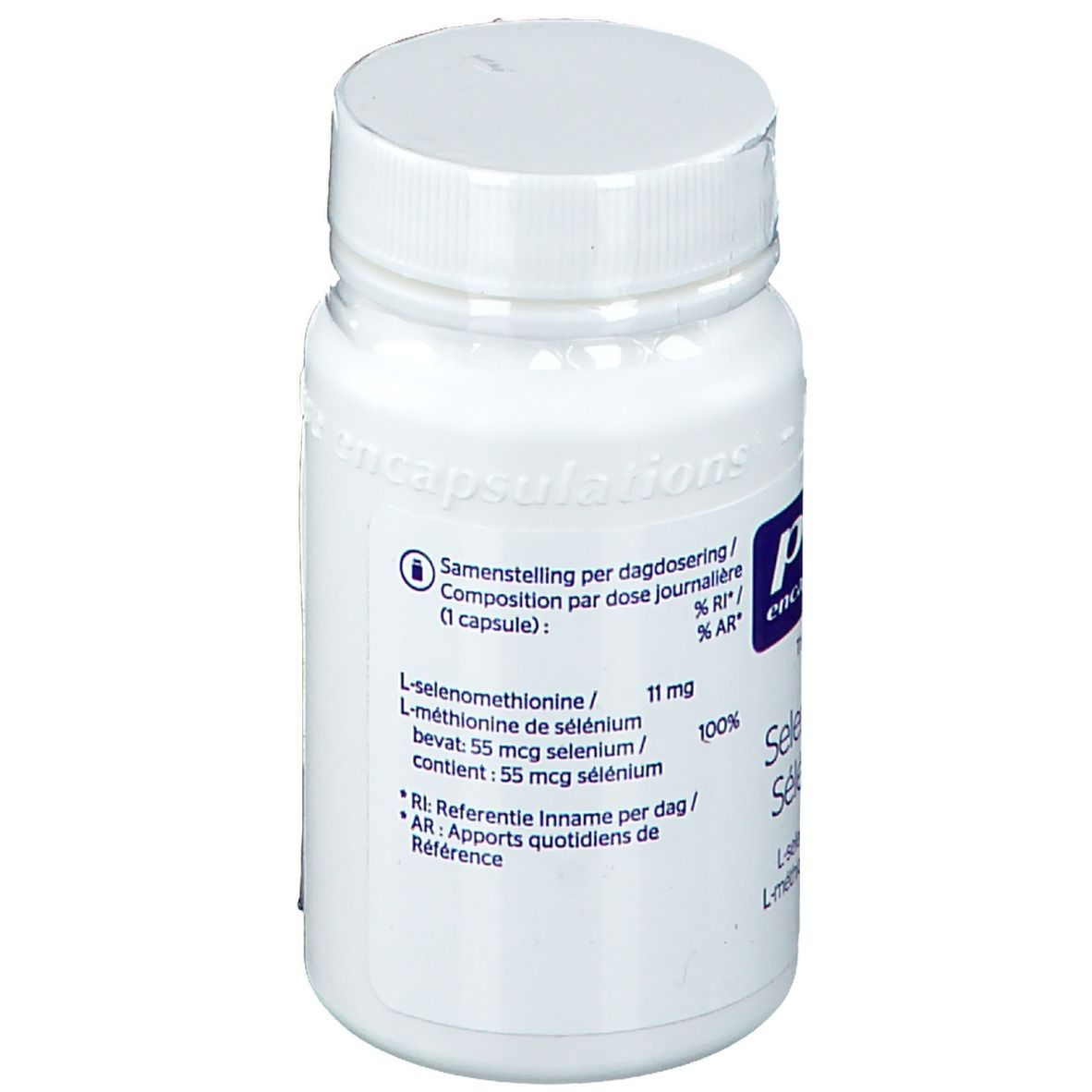 Dos du flacon blanc. Informations sur la composition par gélule. Contient 55 mcg de sélénium.