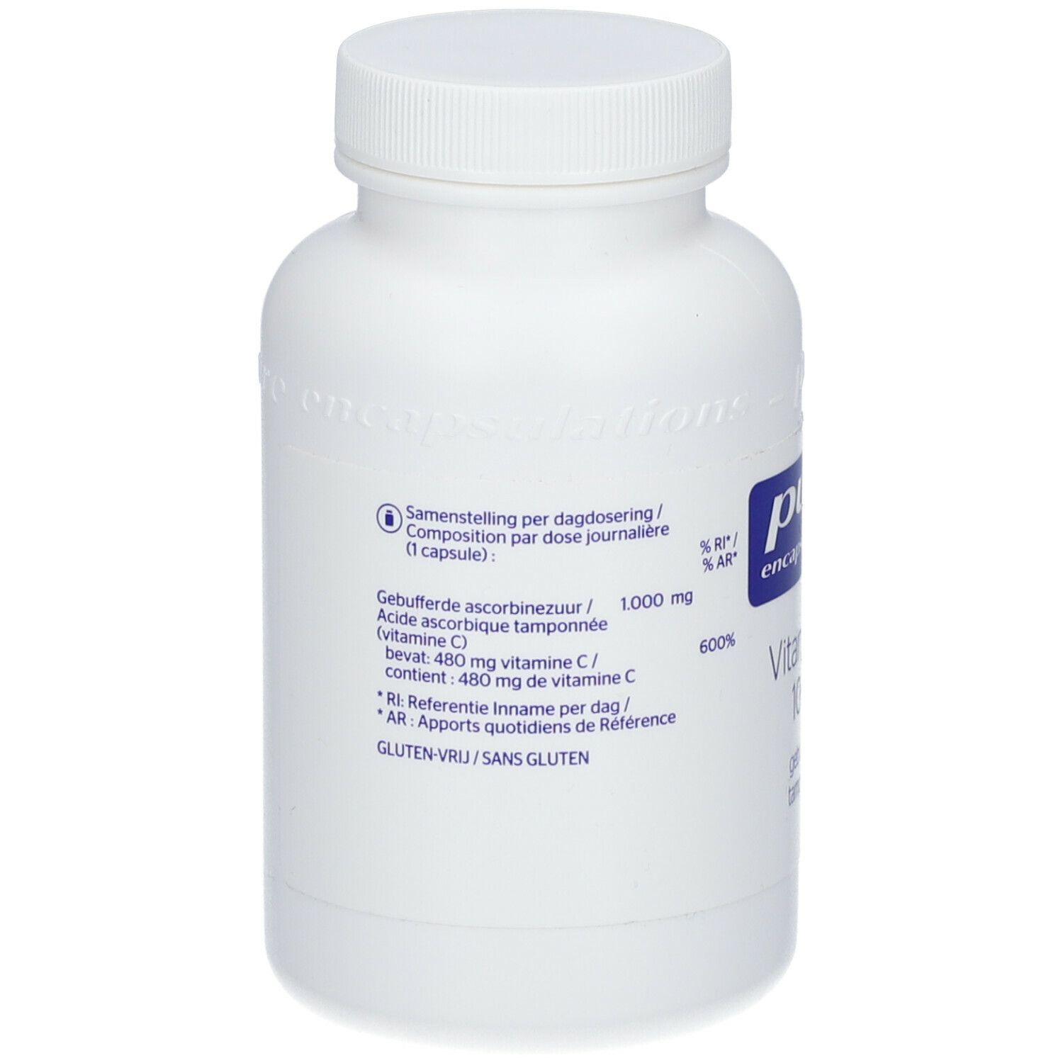 Retro di un flacone bianco. Testo blu con informazioni sugli ingredienti e valori nutrizionali. Senza glutine.