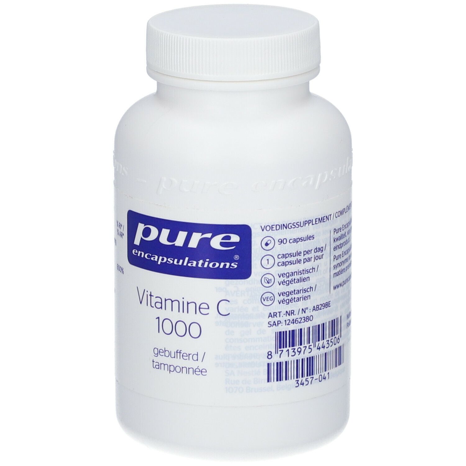 Flacone bianco con etichetta blu. Scritta: Pure Encapsulations, Vitamina C 1000, tamponato. 90 capsule.