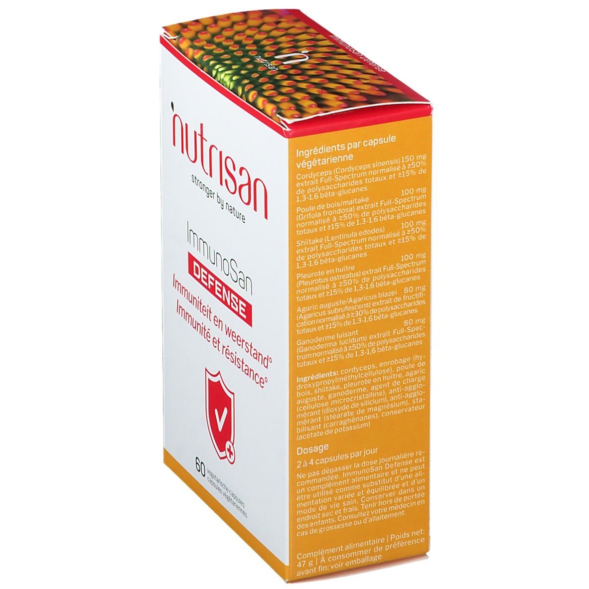 Boîte Nutrisan ImmunoSan Defense. Contient 60 capsules. Inscription: Immunität en Weerstand, Immunität et Résistance.
