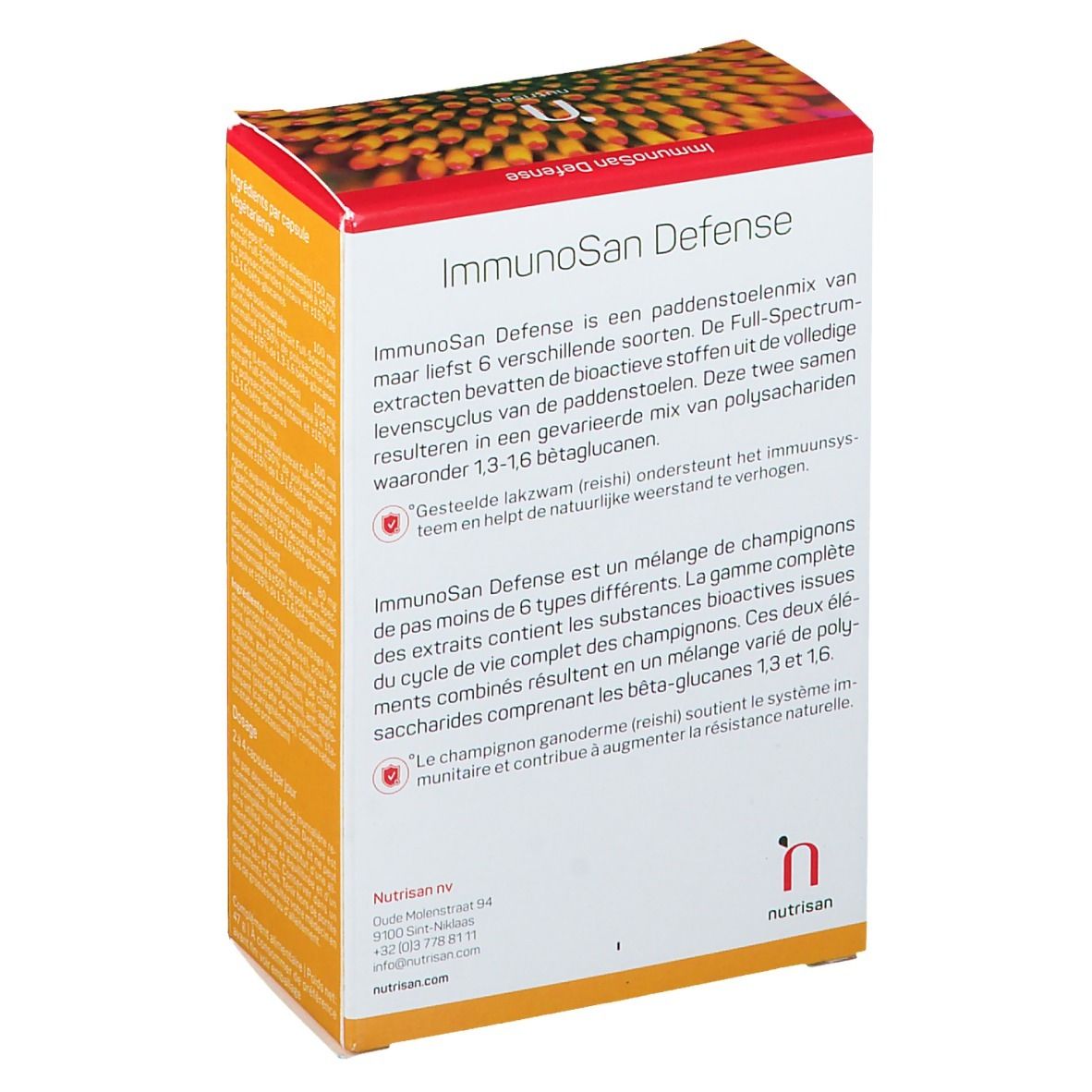 Dos de la boîte Nutrisan ImmunoSan Defense. Texte en allemand, néerlandais et français. Avec logo.