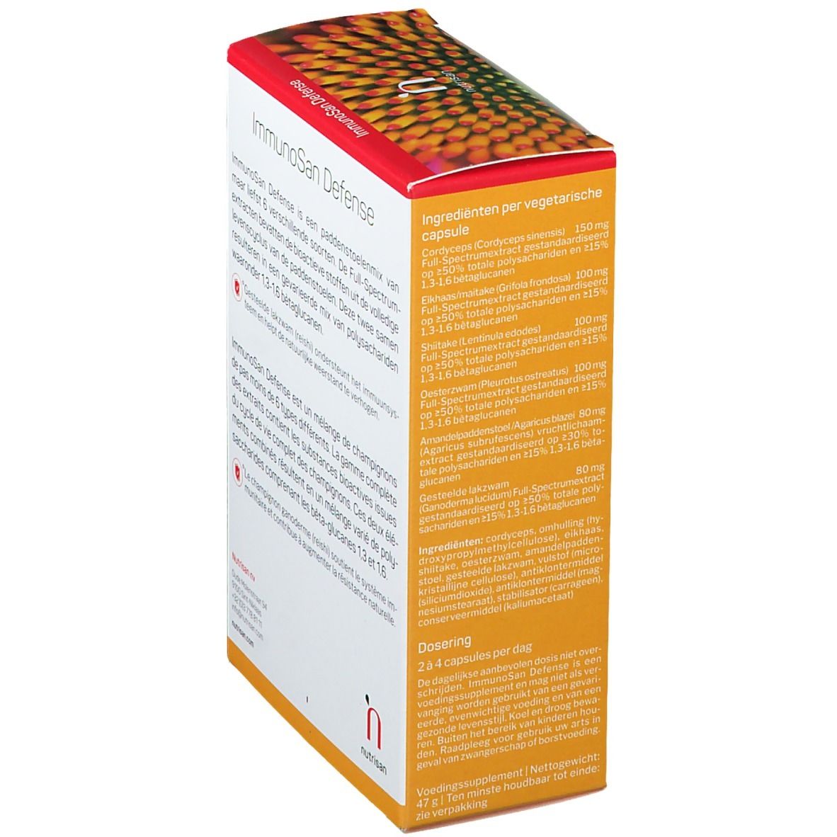 Vue latérale de la boîte Nutrisan ImmunoSan Defense. Texte en allemand, néerlandais et français. Avec logo.