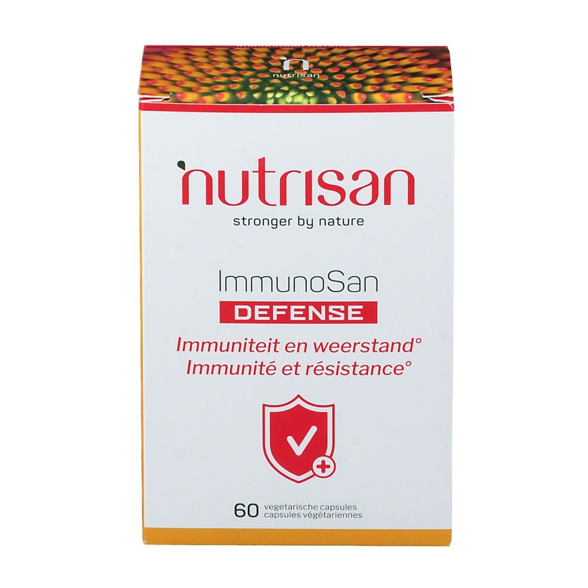 Face avant de la boîte Nutrisan ImmunoSan Defense. Contient 60 capsules végétariennes. Avec logo.