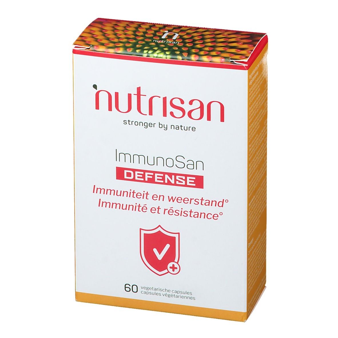 Boîte Nutrisan ImmunoSan Defense. Contient 60 capsules végétariennes. Avec logo et nom du produit.