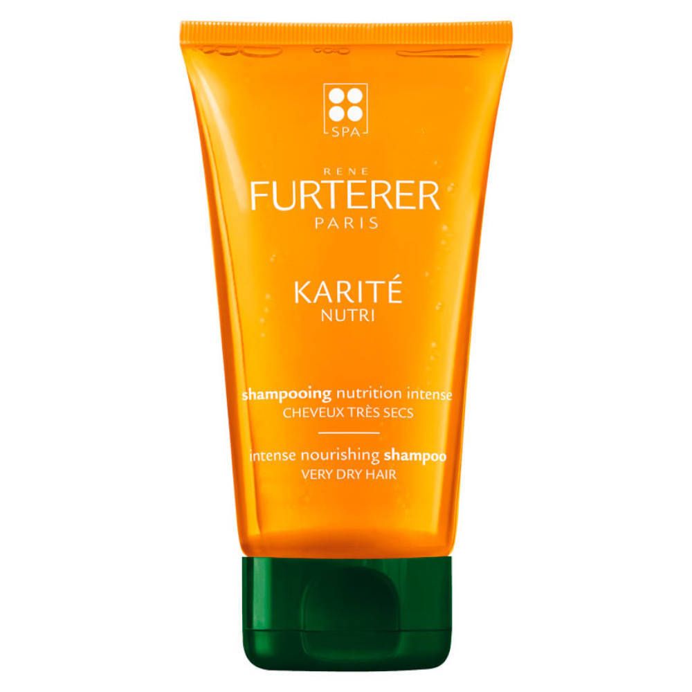 Tube de shampooing Rene Furterer Karité Nutri. Tube jaune avec bouchon vert. Inscription : Karité Nutri, Shampooing nutrition intense.