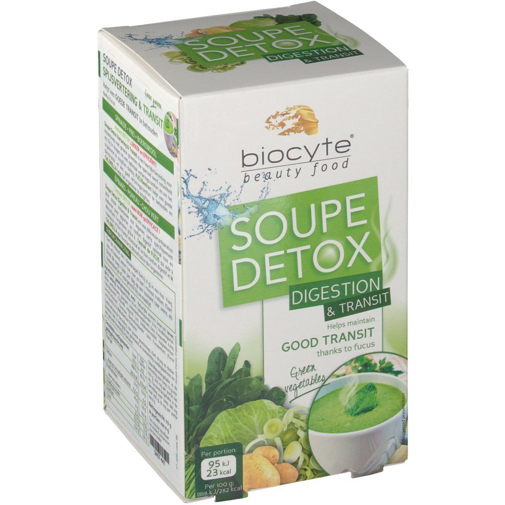 Boîte Biocyte Soupe Detox. Design vert et blanc avec nom du produit et illustrations de légumes et de soupe.