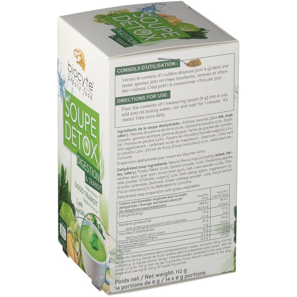 Dos de l'emballage Biocyte Soupe Detox. Contient des informations sur les ingrédients, la valeur nutritionnelle et le mode d'emploi.