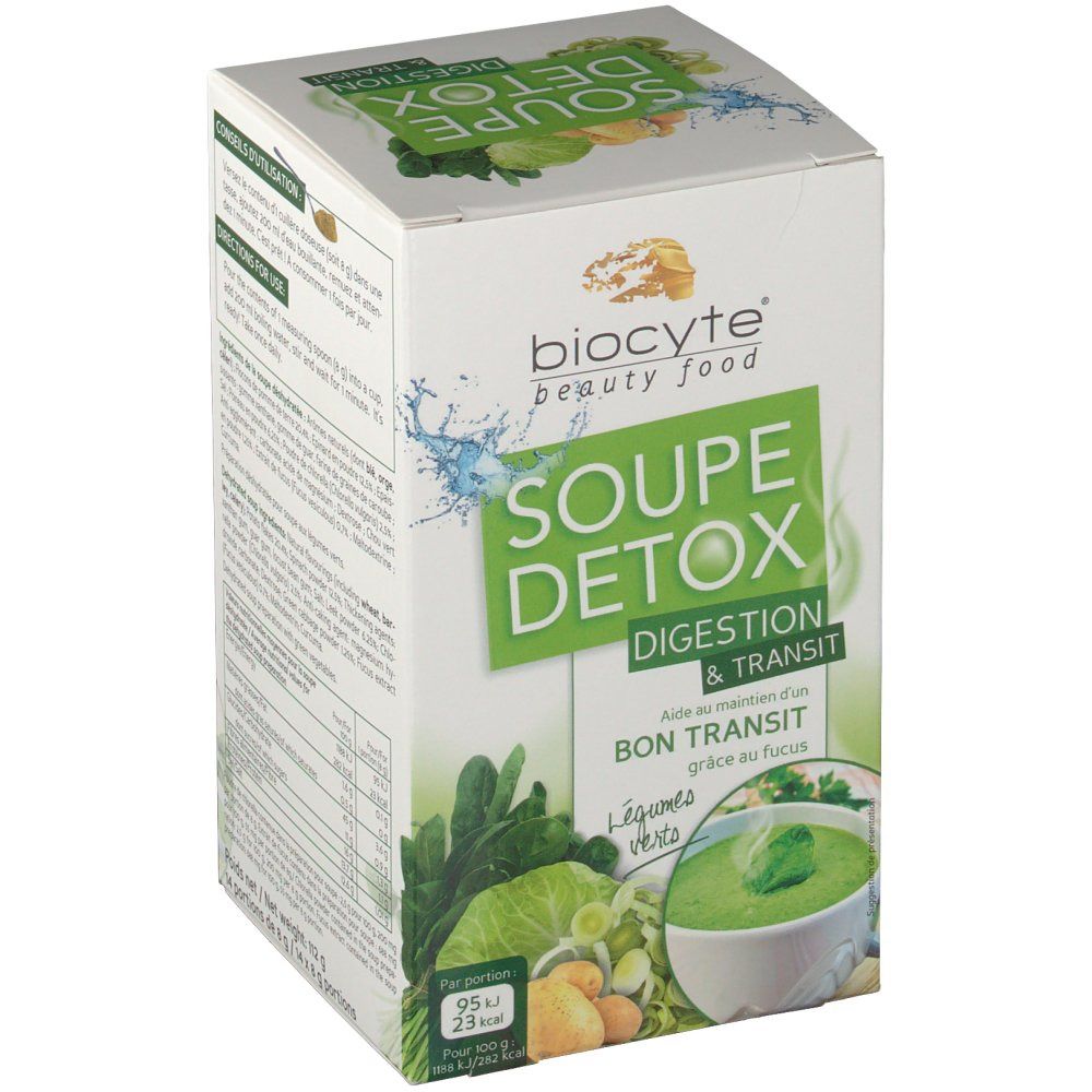 Emballage Biocyte Soupe Detox. Face avant avec nom du produit, logo et illustrations de légumes et de soupe.