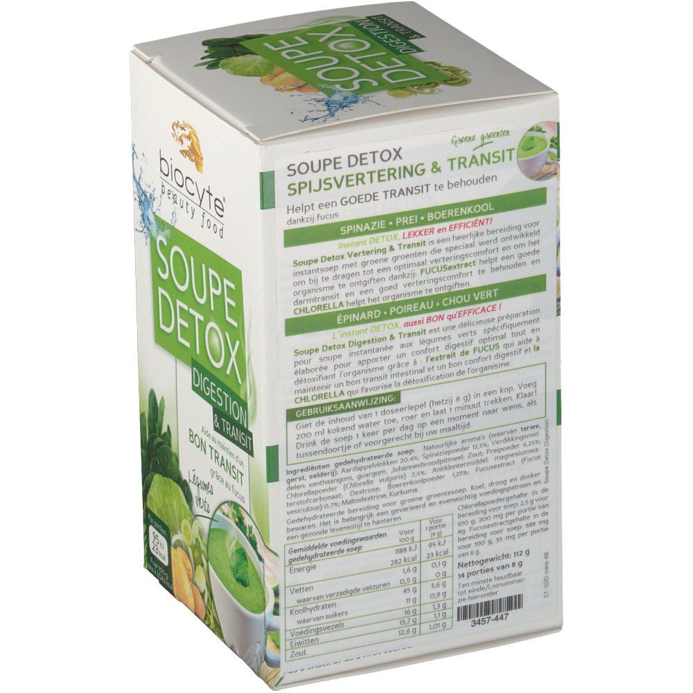 Dos de l'emballage Biocyte Soupe Detox. Contient des informations sur les ingrédients, la valeur nutritionnelle et le mode d'emploi.
