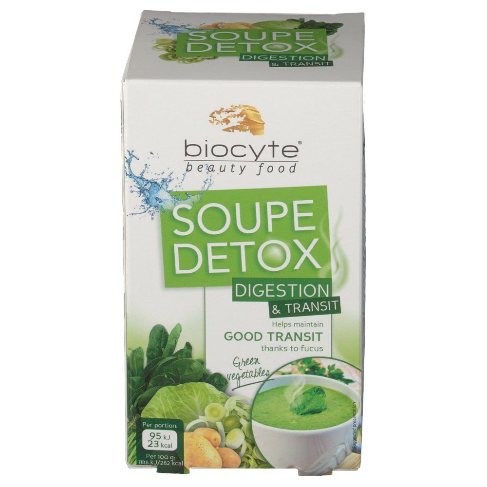 Emballage Biocyte Soupe Detox. Face avant avec nom du produit, logo et illustrations de légumes et de soupe.