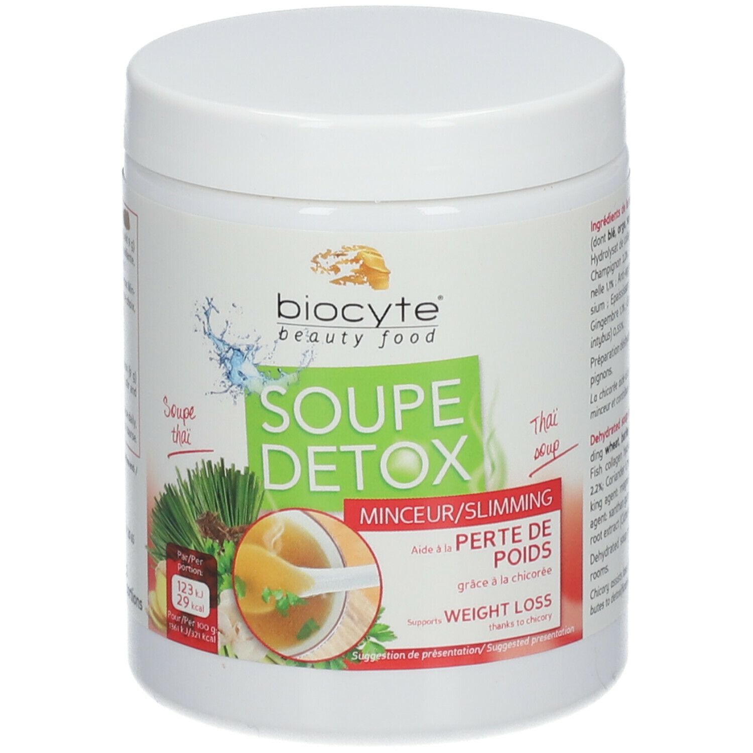 Pot Biocyte Soupe Detox. Récipient blanc avec logo et nom du produit. Illustration de soupe et ingrédients.
