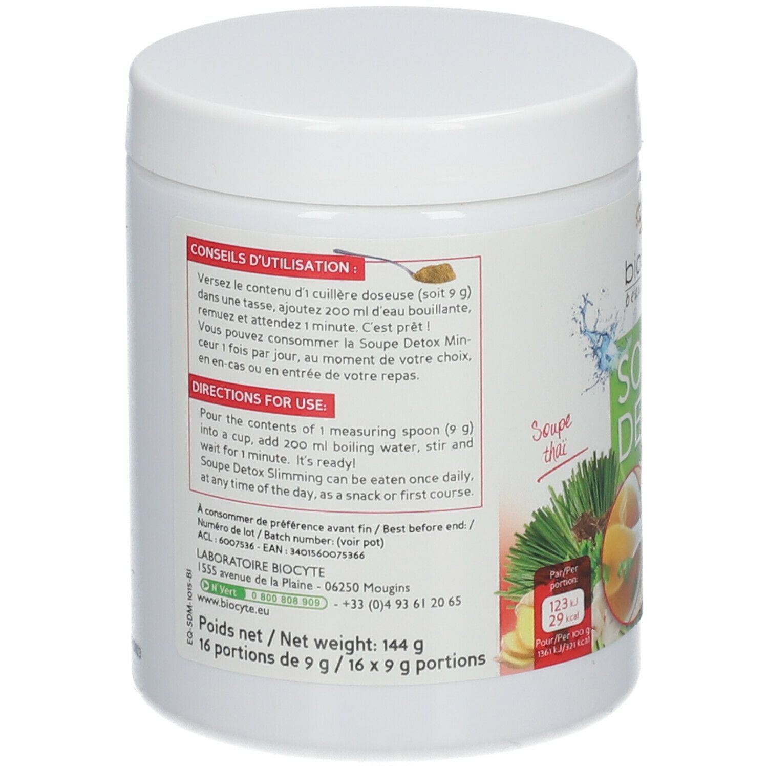 Pot Biocyte Soupe Detox. Dos avec instructions et informations nutritionnelles. Récipient blanc.