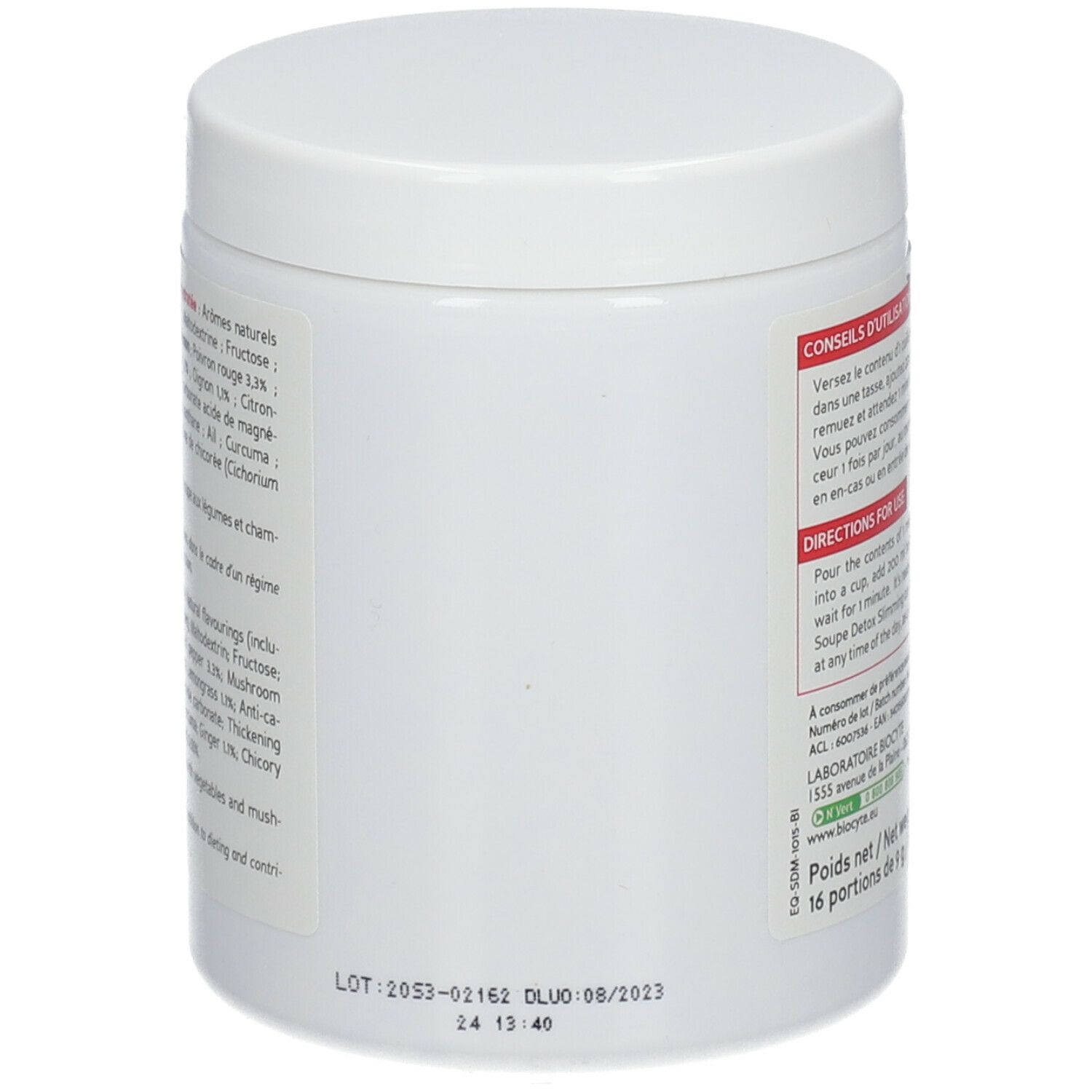 Pot Biocyte Soupe Detox. Vue latérale. Récipient blanc avec informations et numéro de lot.