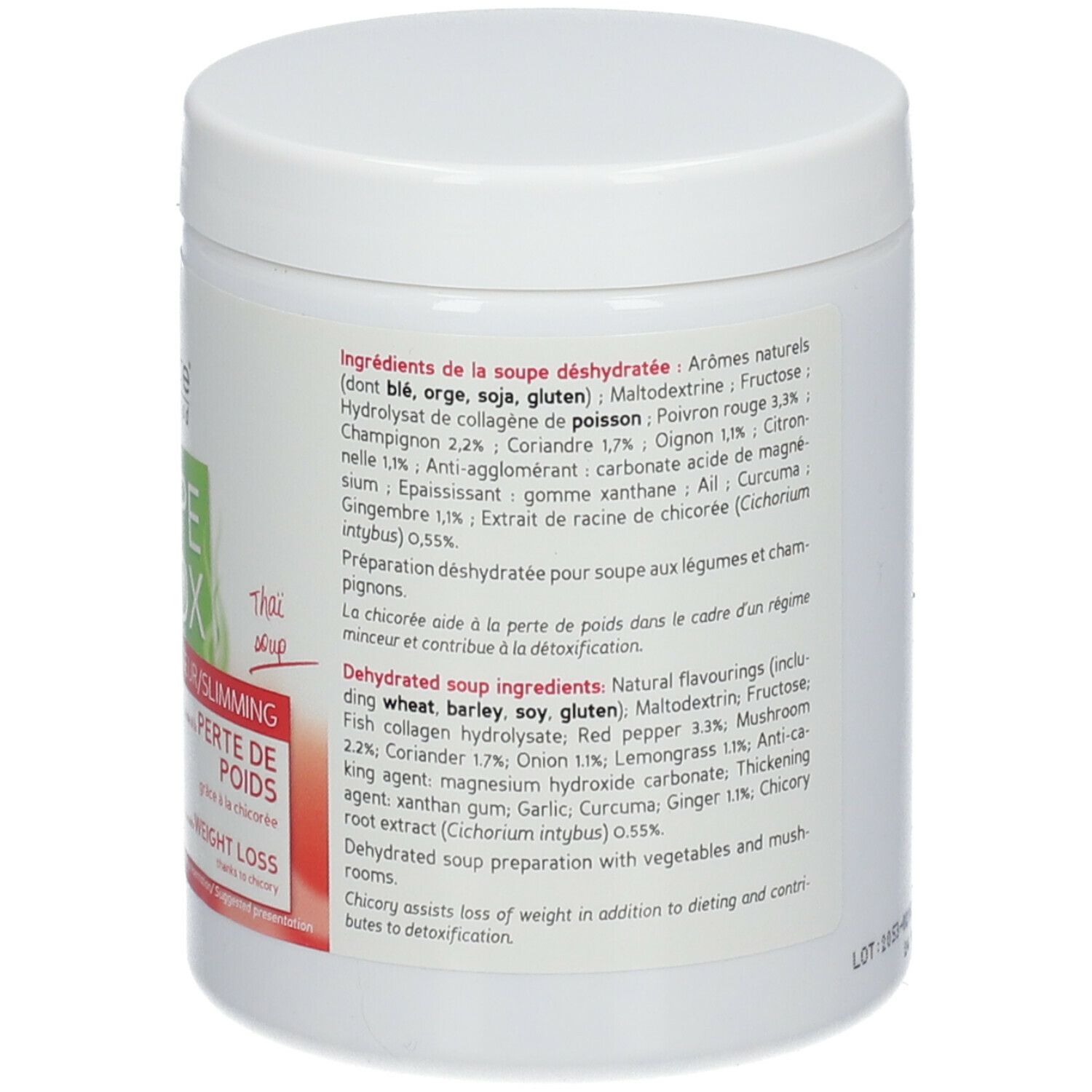 Pot Biocyte Soupe Detox. Dos avec liste des ingrédients. Récipient blanc avec texte rouge.