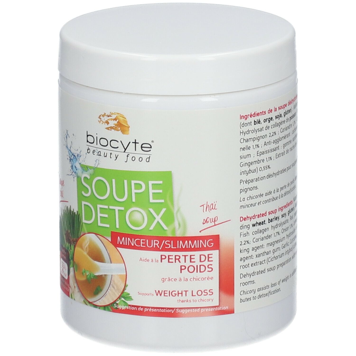 Pot Biocyte Soupe Detox. Logo et nom du produit sur récipient blanc. Illustration de soupe.