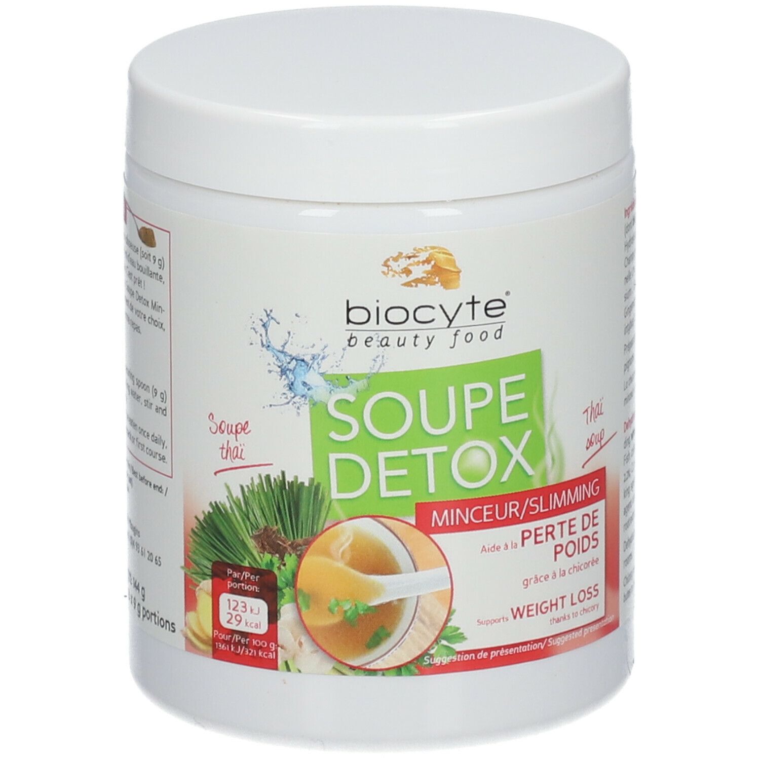 Pot Biocyte Soupe Detox. Logo et nom du produit sur récipient blanc. Illustration de soupe.