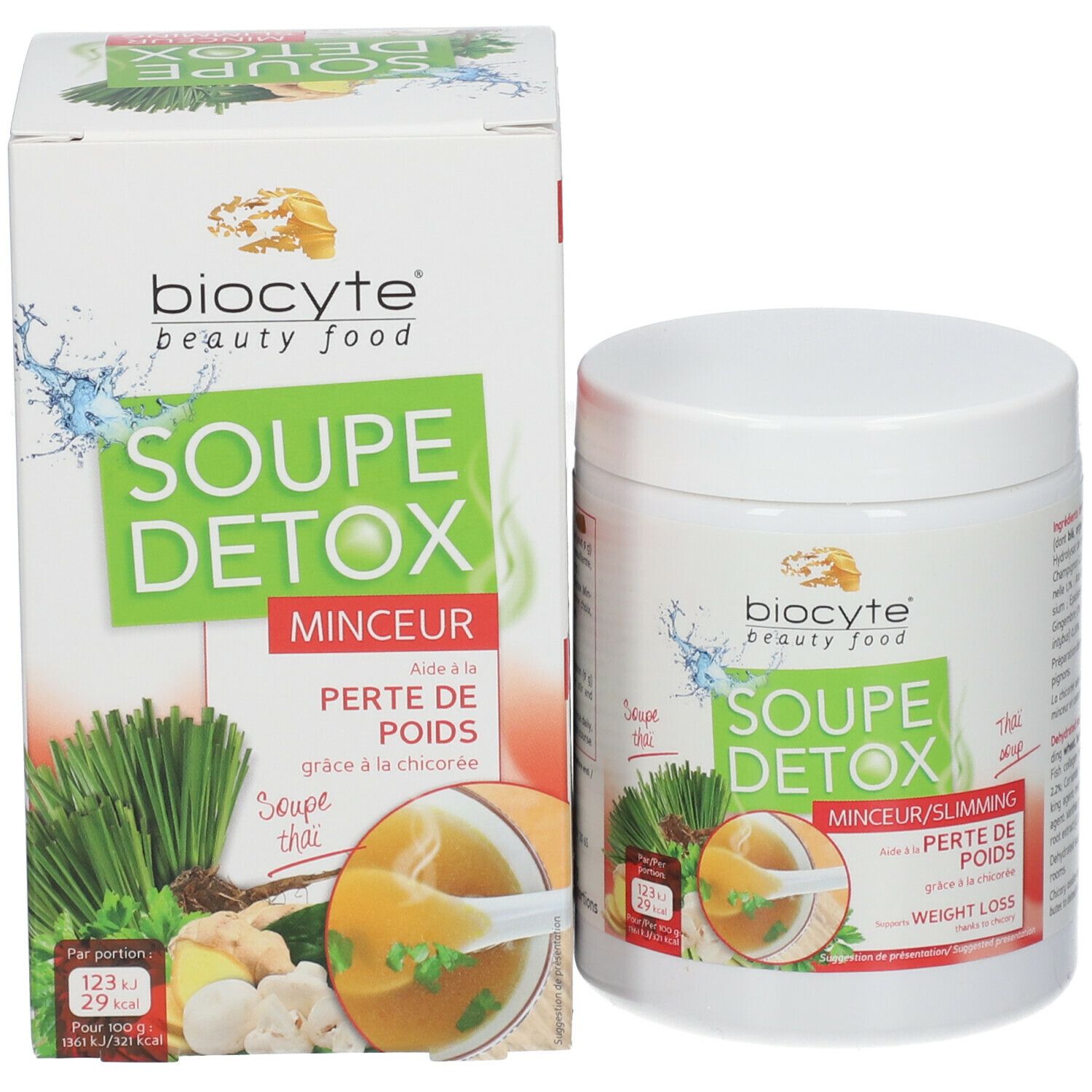 Biocyte Soupe Detox, boîte et pot. Boîte et pot avec logo et nom du produit. Illustration de soupe.