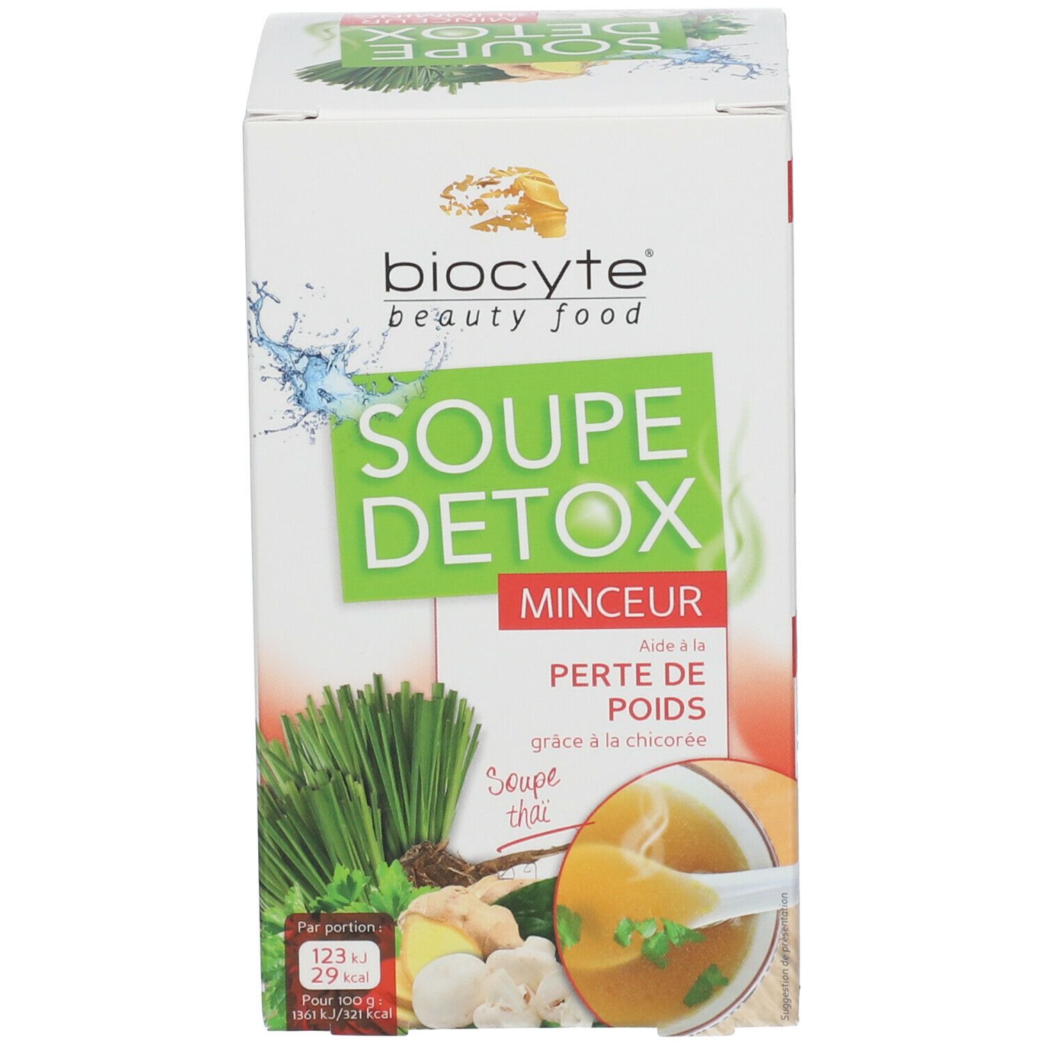 Boîte Biocyte Soupe Detox. Logo et nom du produit. Illustration de soupe et ingrédients. Design vert et blanc.