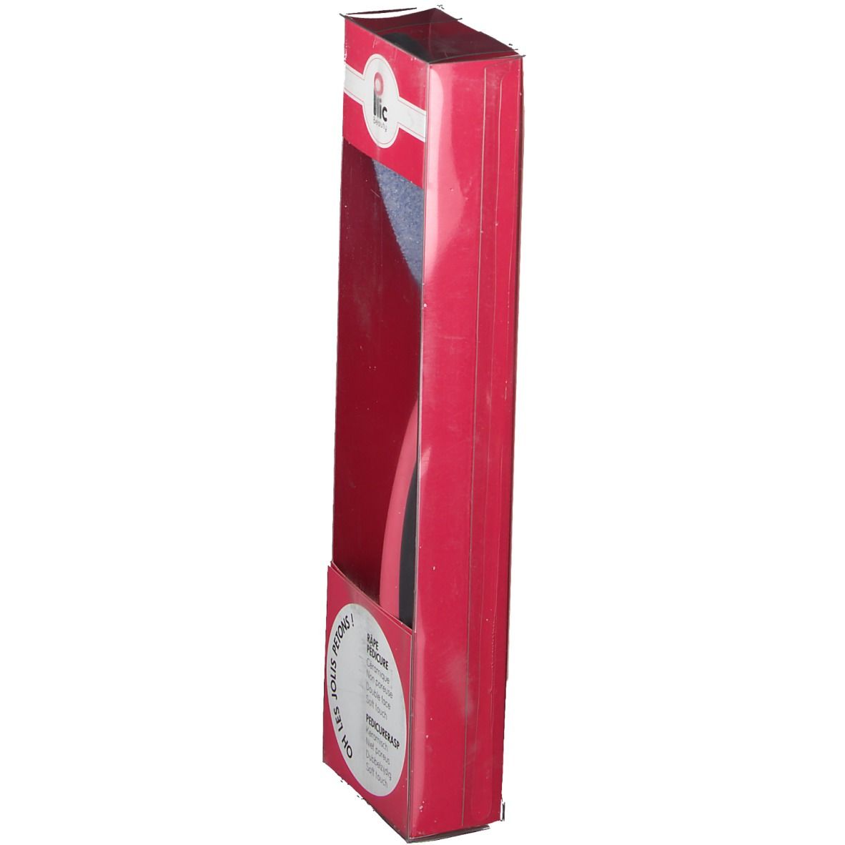 Rode verpakking met pedicure rasp. Zijaanzicht. Zwarte handgreep, roze accenten, blauw schuurvlak. Merk: Ilic.