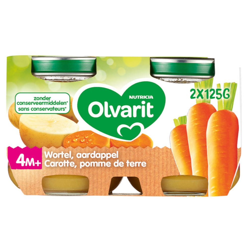 Verpakking met vier potjes Olvarit Wortel en Aardappel. Groen-wit etiket met wortel- en aardappel illustraties. 4M+.